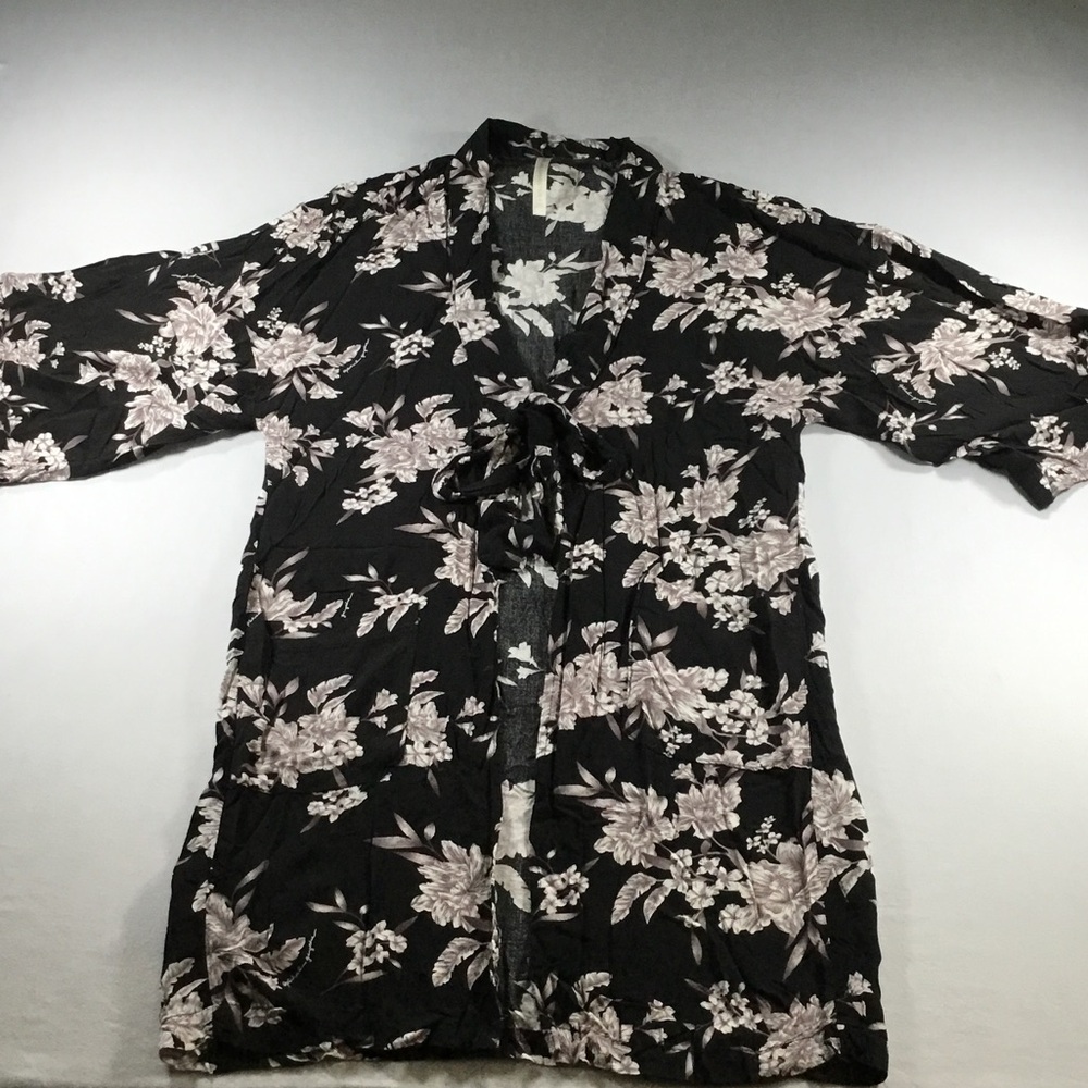 Spiritual Gangster Maya Black Floral Tie-Front Kimono Robe Swimsuit Cover Up OS